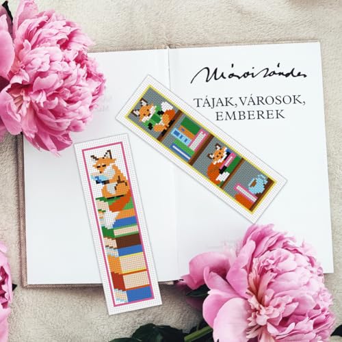 Image of INFUNLY 6 Set Fox Reading Cross Stitch Bookmark Kit DIY Cross Stitch Kit 8 inchx2.4 inch Pre-Printed Books Stamped Embroidery Bookmark with Instructions for Beginners Book Lovers Gifts