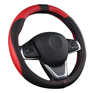 OFZVEO Car Steering Wheel Cover Steering Wheel Protector PU Leather Universal 37-38cm / 15″ Anti-slip Breathable Durable (Red)