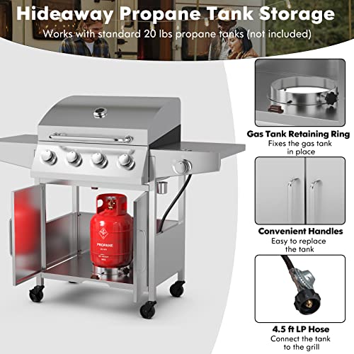 Giantex Propane Gas Grill With 4 Main Burners And 1 Side Burner, Total 50,000 Btu, Stainless Steel Heavy-Duty Bbq Grill With 2 Prep Tables, 4 Wheels, Cabinet For Propane Tank, Outdoor Cooking #TOP3