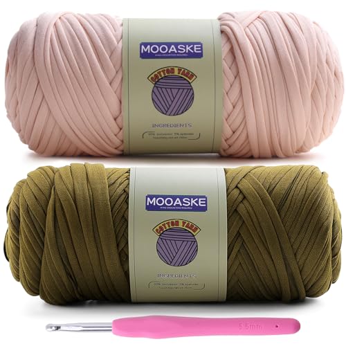 Image of Mooaske 2 Pack T-Shirt Crochet Yarn for DIY Knitting Crochet Cloth Blanket Bag Dolls - 400g Chunky Thick Yarn for Crocheting with Polyester-Spandex Blend Elastic Fabric (Beige+Dark Green)