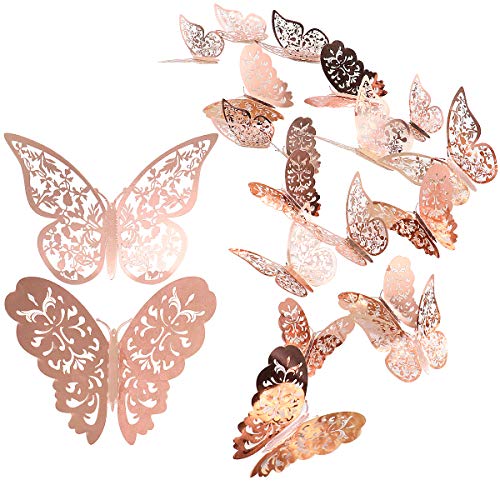 Adhesivo de pared de mariposa de 24 piezas, calcomanías de pared de mariposa 3D mixtas, adhesivos de pared vívidos(oro rosa)