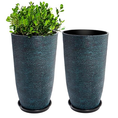QCQHDU Large Tall Blue Planters with Saucer - 9 Gallon 12