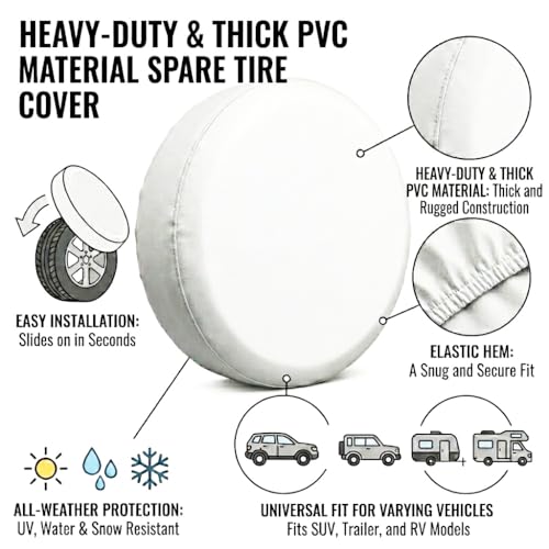 Image of Spare Tire Cover 15 Inch,Fits Tires Diameter 27-29 Inch, Heavy Duty Thick PVC,Waterproof UV Resistant, Secure Elastic Fit,for RV Trailer Camper SUV,White
