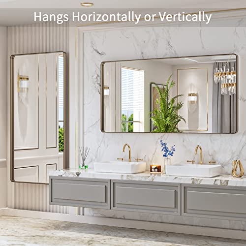 LOAAO 60”X30” Bronze Bathroom Mirrors for Vanity, Rounded Rectangle Brushed Bronze Metal Frame Mirror, Anti-Rust, Tempered Glass, Hangs Horizontally or Vertically