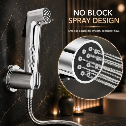 Image of No Block Health Faucet for Toilet (Complete Set) - German Engineered SS304 Hose (1.5m) & Wall Hook - Self-Cleaning High Pressure Jet Spray - Chrome Finish