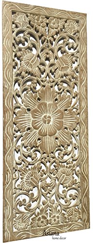 Asiana Home Decor Large Carved Wood Wall Panel. Floral Wood Carved Wall Decor. Size 35.5"x13.5"x0.5" (Light White Wash)