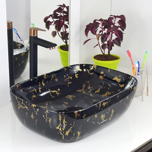 Image of Marble Ceramic Tabletop Wash basin | Countertop Vessel Sink | Wash Basin over counter For Bathroom Hotel Home (18 x 13 x 5.5 Inch)