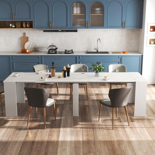 Image of Extendable Dining Table, Transformer Console to Dining Table for 12 People, Folding Space Saving Dining Room Table for Small Spaces, White Marble