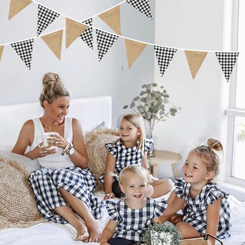 Image of 26Ft Black Gingham Plaid Burlap Banner Black Checkered Burlap Pennant Triangle Flag Garland Streamers Vintage Wall Hanging for Rustic Birthday Wedding Baby Shower Boho Picnic Camping Christmas Decor