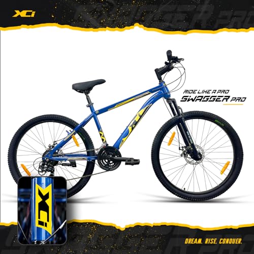 Image of XCi Swagger Pro Mountain Bike | 26-Inch Tyres | Tuf Shox Suspension | 21-Speed Shimano Gears | Mechanical Disc Brakes | Youth 12+ Years |17-Inch Ultra Light Steel Frame | Blue Yellow