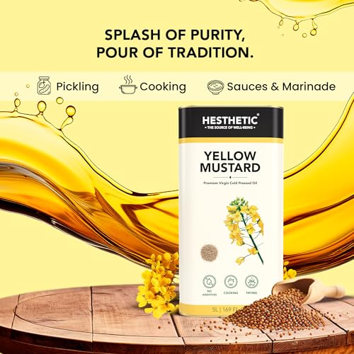 Image of HESTHETIC Cold Pressed Mustard (Sarson) Oil 5L | Pure Sarson Ka Tel | Natural-Aroma Unrefined Cooking Oil for North Indian & Bengali Cuisine | German-Tech Single-Screw Press