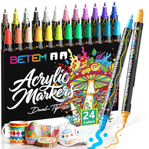 Betem 24 Farben Acrylstifte mit Doppelspitze Hochwertige Acrylmarker für Stein Holz Leinwand Felsmalerei Glas Keramik Wasserfest Ostereier Christmas Acrylstifte Set für Basteln Kunstbedarf