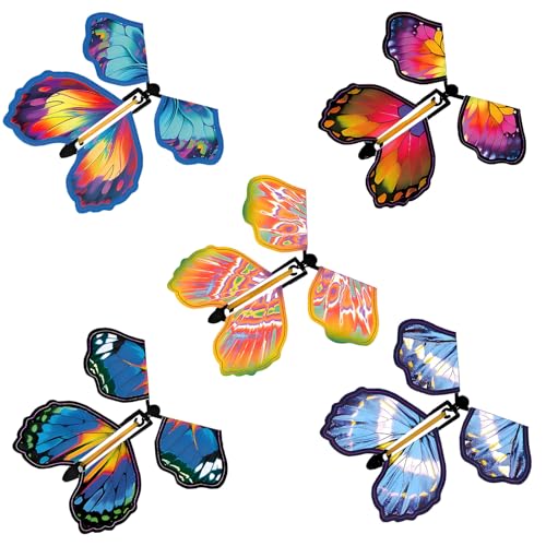 5PCS Magic Flying Butterfly Butterfly Exploding Birthday Card Flutter Flyers Magic Flying Butterflies Clockwork Glider Rubber Band Powered for Performance Props Anniversary Surprise Gifts (Blue)