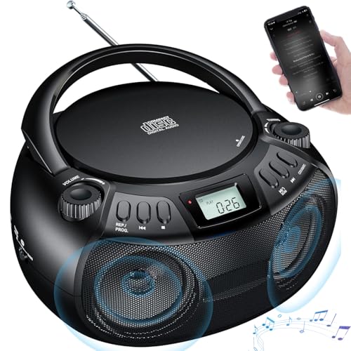 Reproductor de Cassette CD, Reproductor de CD Portátil Boombox con Conexión Bluetooth, Radio Am/FM, Altavoces Estéreo de 3”, Entrada AUX, Pantalla LCD, Conector para Auriculares, Centro de Música