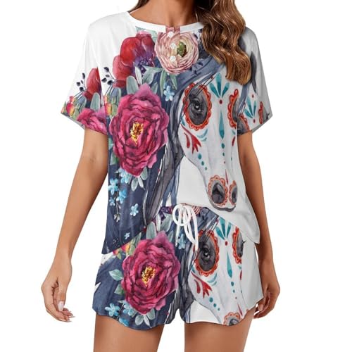 Ensemble de pyjama pour femme manches courtes cheval aquarelle sleepwear ete