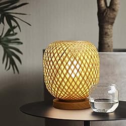 Lamparas De Bambu Para Jardin HUAMI Lámpara de mesita de noche de bambú, base de madera, lámpara de dormitorio, luz decorativa hecha a mano, para boda, fiesta, interior, dormitorio, comedor, jardín, balcón (E27 bombilla incluida)