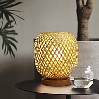 HUAMI Bamboo Lampshade Bedside Table Lamp Wooden Base Bedroom Lamp Handmade Decorative Night Light for Wedding Party Indoor Bedroom Dining Room Outdoor Gift Garden Balcony(E27 Bulb Included)