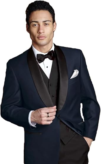 Mens Slim Fit Navy Shawl Tuxedo with Black Satin Lapel