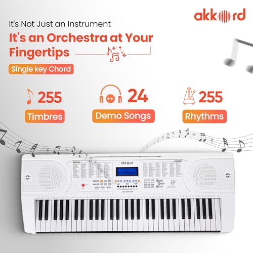 Image of Akkord 61-Key Octave Electronic Keyboard with adapter- LCD Display| USB Input| Mic |Music Sheet Stand | 255 Rhythms | 255 Timbres | 24 Demos | White