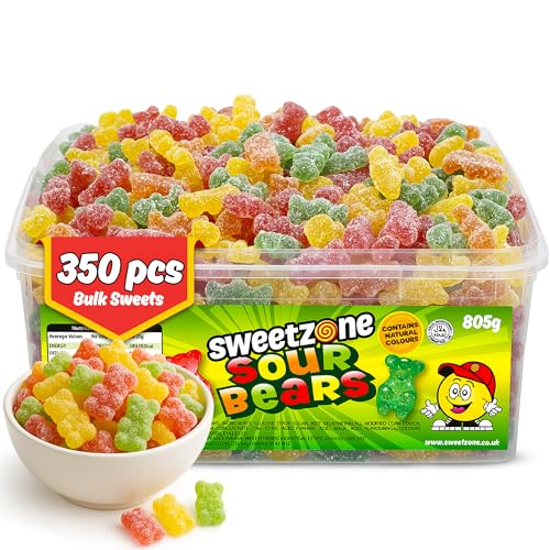 Sweetzone Sour Gummy Bears Sweets Tub, Halal Gummy Candy in Retro Fizzy Sweets, 805g Tub of 350 pcs of Gummies Candy, Sour Gummy Bears Packed with Flavour and Tangy Taste for Kids, and Sweet Lovers