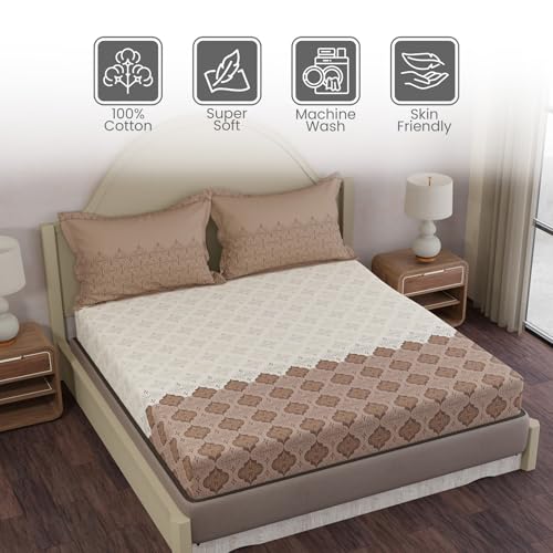 Image of Layers 100% Cotton King Size Bedsheet Set | Brown & White Ethnic Print | 120 TC Forever Collection | Soft & Breathable | Washable Bedsheet with 2 Pillow Covers | All Season