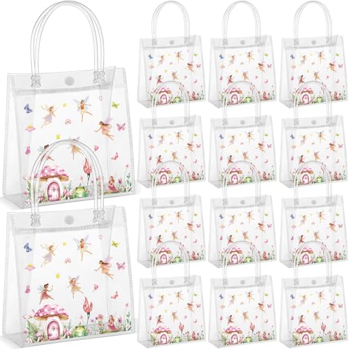 SilTriangle 24 Pcs Fairy Party Favor Clear Gift Bags with Handles, Woodland Mushroom Goodie Gift Candy Treat Bags for Garden Baby Shower Birthday Party Events Supplies