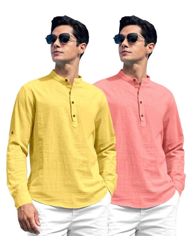 Image of ROYALSCOUT Combo of Men's Solid Cotton Blend Full Sleeve Straight Kurta Shirt (Pack of 2)