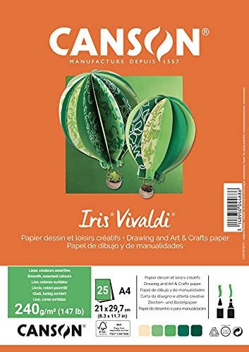 Canson Iris VivaldiA4 Pack of 25 Sheets 240 g/m² Assorted Colours Cream/Green/Brown, Assorted Cream/Green/Brown