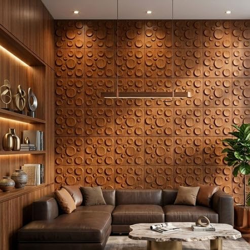 Image of Kayra Decor 3D PVC Wall Panels for Bedroom & Living Room | Moon Design | Teak Wood Color | 19.7 x 19.7 Inch | Pack of 18 | 42.48 Sq Ft