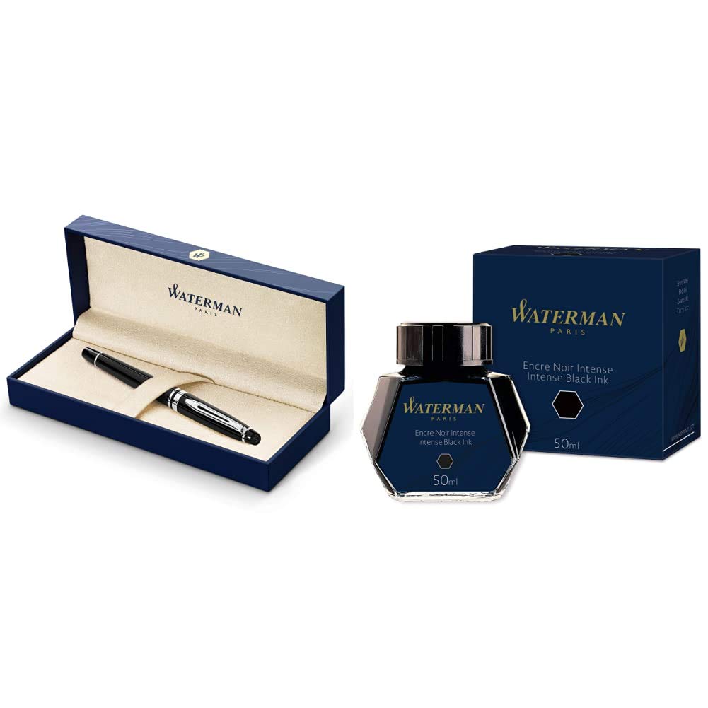 Waterman Expert Laque Noir Attributs Chromés Stylo Plume Pointe Moyenne - dans son Écrin + Waterman Encre pour Stylo Plume Noire Intense - Flacon de 50 ml Bundle