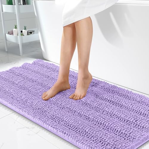 Image of OLANLY Thick Bathroom Runner Rugs 47x24, Extra Absorbent Chenille Striped Bath Rugs, Rubber Backing, Machine Wash Dry, Long Bath Mats for Bathroom, Tub and Shower, Home Decor Accessories, Lavender