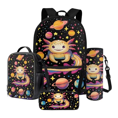Talayituse Axolotl Star Planet Print Backpack Sets for Kids 4 in 1 Primary Schoolbag Lunch Bag + Pencil Case + Water Bottle Sleeve, Durable Bookbag Travel Daypack School Bag for Girls Boys
