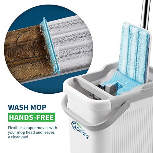 Oshang Flat Floor Mop And Bucket Set For Home Floor Cleaning, Hands Free Floor Flat Mop, Stainless-Steel Handle, 4 Washable & Reusable Microfiber Pads #TOP1