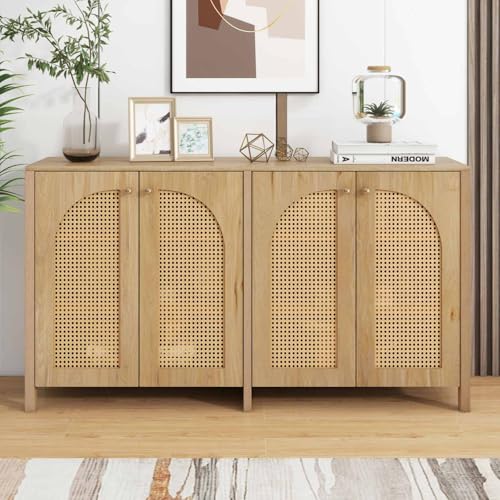 KOMHTOM Buffet en rotin Meuble de Rangement de Salon, Meuble de Cuisine avec 4 Portes et séparations réglables Meuble Chambre (Couleur du Bois)