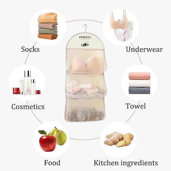 MIUPOO Multi Purpose Multi Layer Mesh Storage Hanging Bag,Hanging Storage with Metal Hanger Mesh Pockets for Bra Underwear Socks,Pockets Hang Store Bag for Door Wall Closet,2 Pieces.