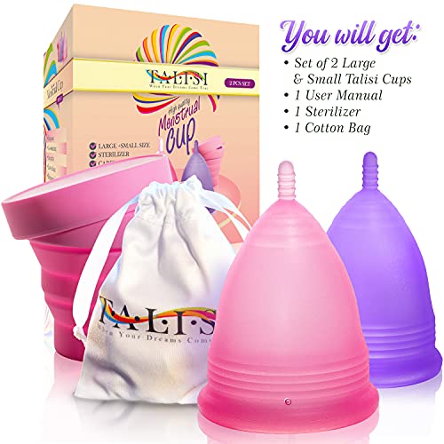 Talisi Menstrual Cups Set of 2 (Small & Large) Super Soft Reusable Period Kit with Collapsible Silicone Sterilizer Case, Storage Bag Menstruation Feminine Copa for Teens, Beginners, Heavy Flow - Thumbnail 2