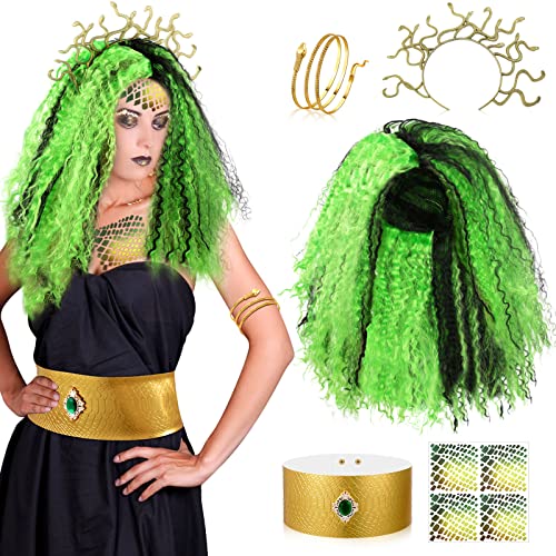 Nosiny 5 Pcs Halloween Medusa Costume for Women, Medusa Snake Headband Green Curl Wig Metal Armband Belt Tattoo Sticker for Adult Halloween Cosplay Party Dress up Supplies