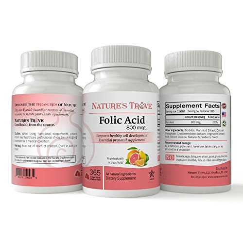 Nature's Trove Folic Acid 800 Mcg (B9 Vitamin) 365 Ez Chew Tablets Strawberry Flavor #TOP2