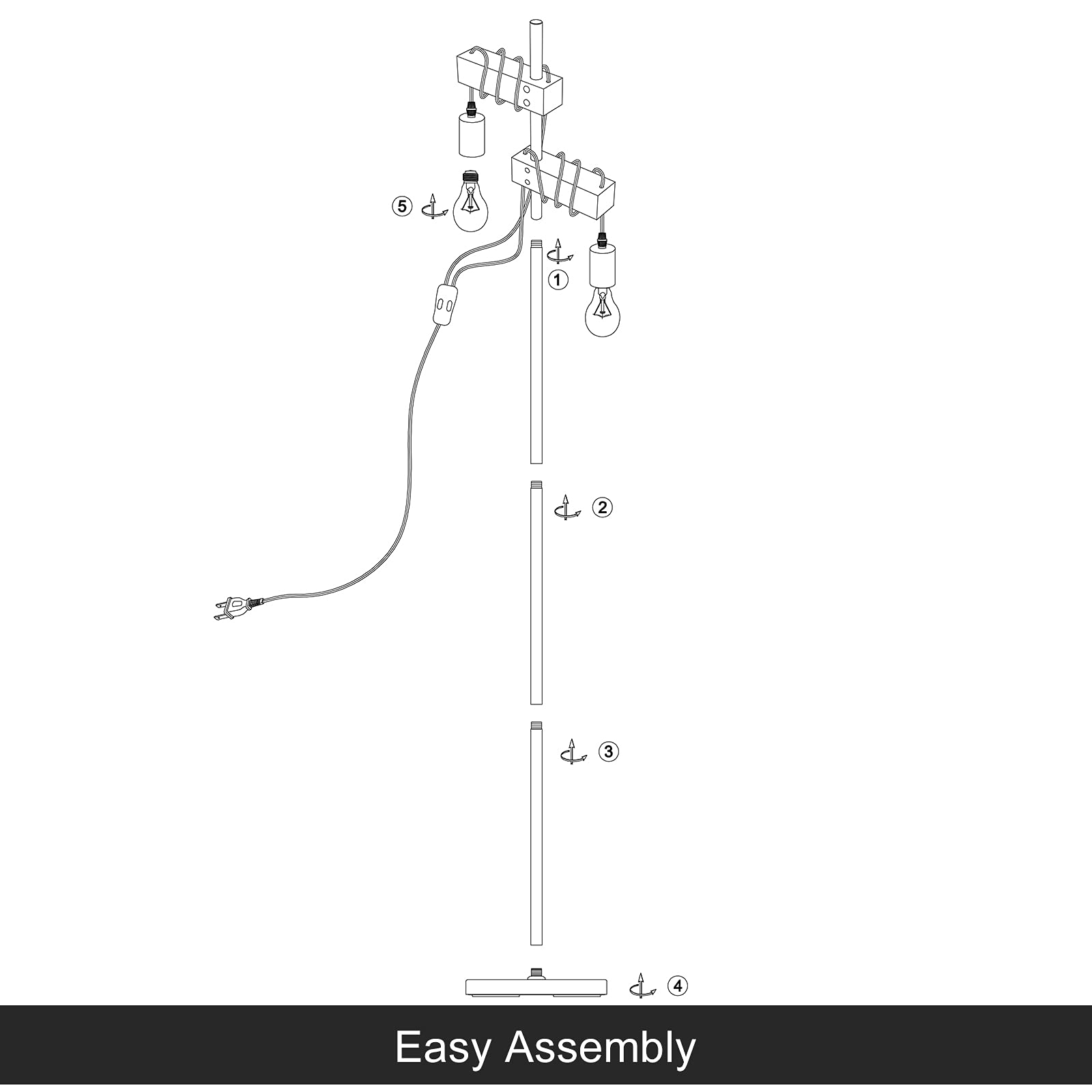 Industrial Floor Lamp for Living Room, Rustic Farmhouse Reading Lamp with Solid Wood, 66” Edison Standing Lamp for Bedroom Home Office