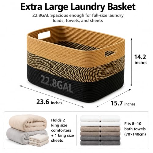 Image of 22.8GAL Extra Large Collapsible Laundry Basket for Dirty Clothes,Shoes, Sturdy Portable Aesthetic Boho Heavy Duty Wicker Hamper for Living Room Thow Pillows Blankets Storage Organizer,Khaki Black