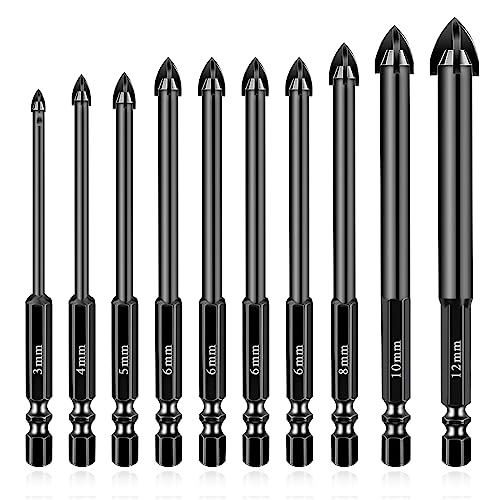 Flintronic Brocas Porcelanico, 10 PCS Juego de Brocas para Azulejos, Taladro de Vidrio con Vástago Hexagonal,Carburo Brocas, para Mampostería, Cerámica, Pared, Cemento, Ladrillo, Metal, Madera, B