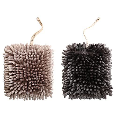 2 Pack Chenille Hanging Hand Towel Balls Super Absorbent Microfiber Hand Towels Chenille Ball Soft Plush Quick-Drying Hand Towels with Hanging Loops for Bathroom Kitchen (Brown+Grey)