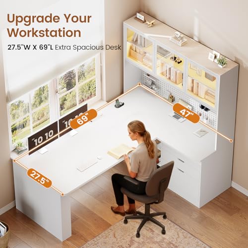 Image of SEDETA L Shaped Corner Gaming Desk with 3 Wood Drawer and Large Bookshelf