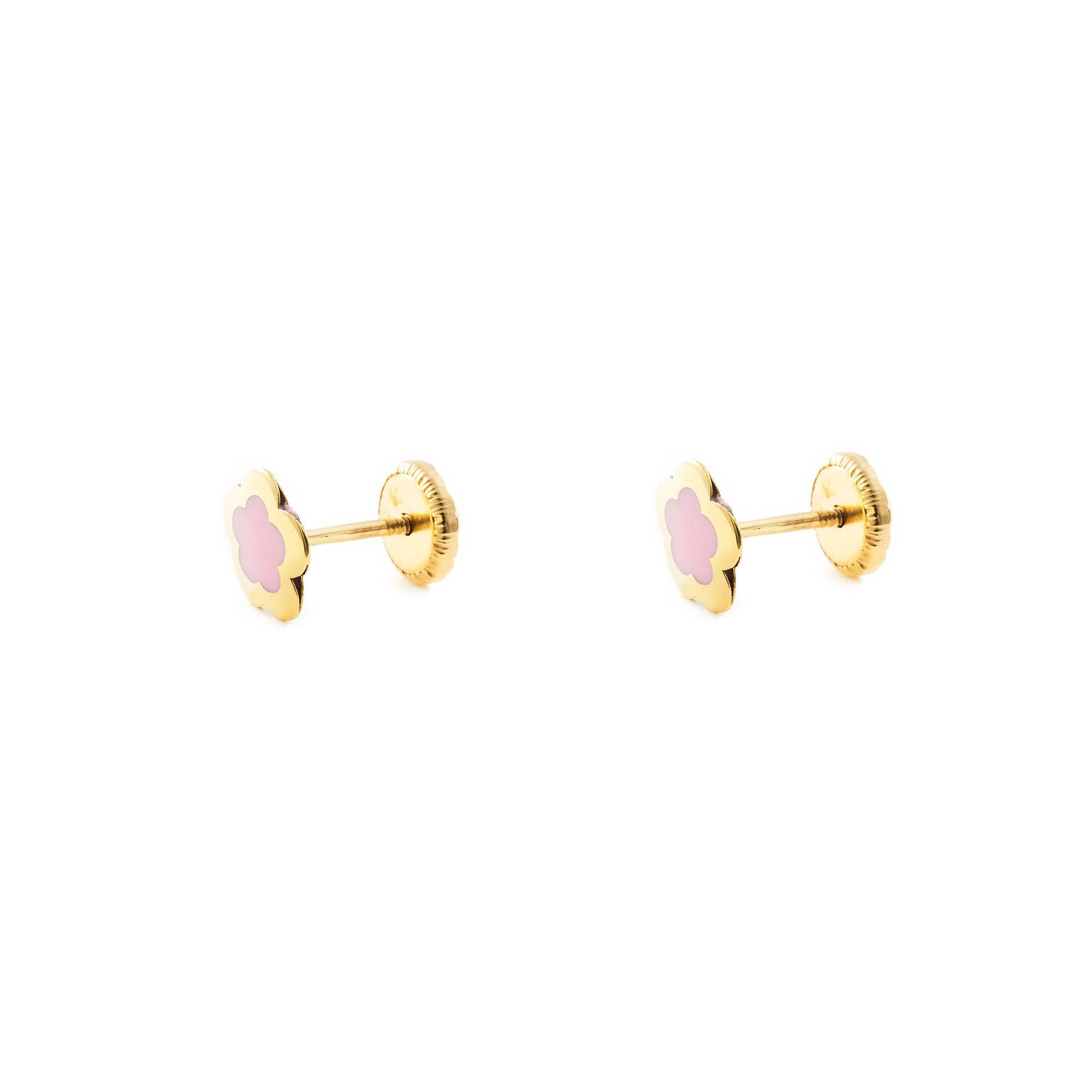 Pendientes Oro Niña Margarita esmalte rosa (9kts) - Estuche Regalo - Certificado de Garantía - Mondepetit