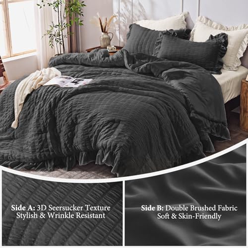 Image of JOLLYVOGUE Black Comforter Full Size, 3 Pieces Seersucker Lightweight Full Size Bedding, All Season Fluffy Microfiber Bedding Comforter Set with 1 Ruffle Comforter and 2 Ruffle Pillowshams