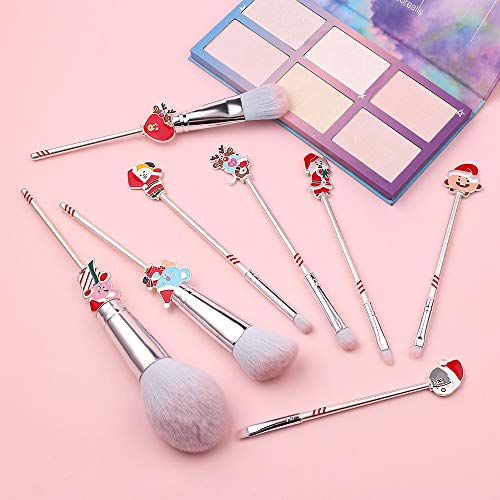 Cute Cartoon Makeup Brushes Set - 8pcs Fairy Makeup Brushes with Soft Pink Fiber and Metallic Handle for Eyebrow, Eyeshadow Foundation, Blending and Lips (Christmas A)