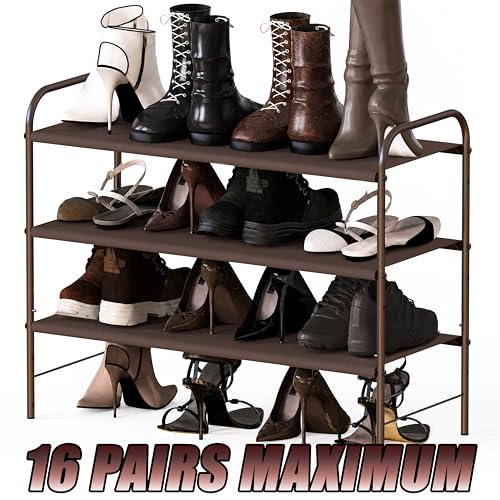 Image of Simple Houseware 3-Tier Shoe Rack Storage Organizer, Bronze - Space-Saving Shoe Shelf, Holds 9-16 Pairs, Sturdy Metal Frame, Easy Assembly - Closet, Entryway, Bedroom Shoe Storage Solution