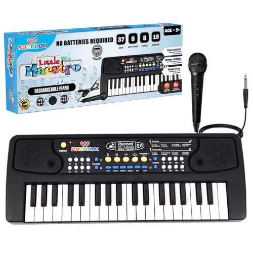 Image of Wembley Kids Piano with Mic - Rechargeable & Portable Electronic Keyboard Musical Toy for Beginners Boys & Girls Ages 3-9 Years with Recording, 37 Keys, 8 Rhythms, 8 Tones, 6 Demos Function - Black