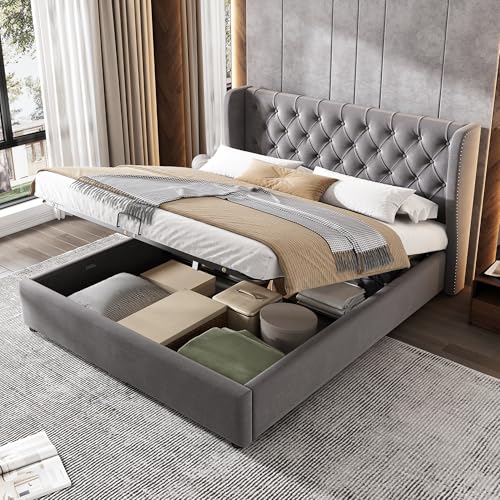 BOFGWPM Cama tapizada de 180 x 200 cm con cajonera y cabecero acolchado, cama de almacenamiento hidráulico con espacio de almacenamiento y somier de láminas, cama para habitaciones de invitados y