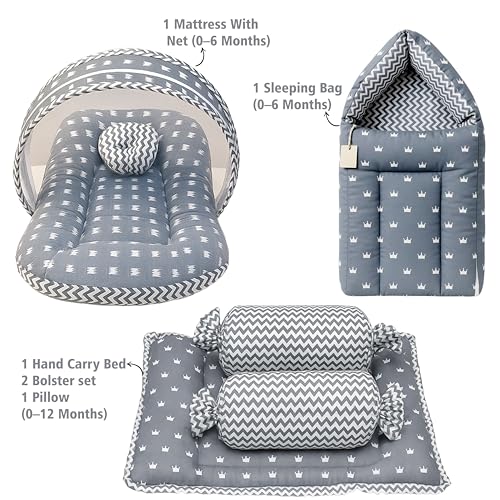 Image of Fareto Combo of Baby Bed with Net | Carry Bag | 4 Pcs Bedding Set (0-6 Months, Baby Size, Cotton) (Grey Crown)